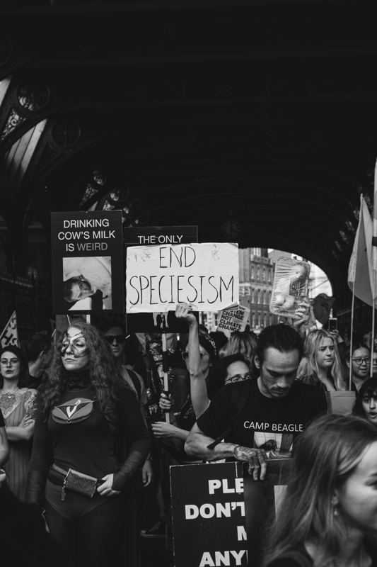 Black and white photograph of a march with hand-made protest signs